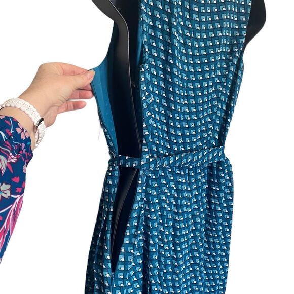 Halogen Teal Blue Square Print Sleeveless Dress Pleated Skirt Sz 4P NWT - Picture 3 of 6